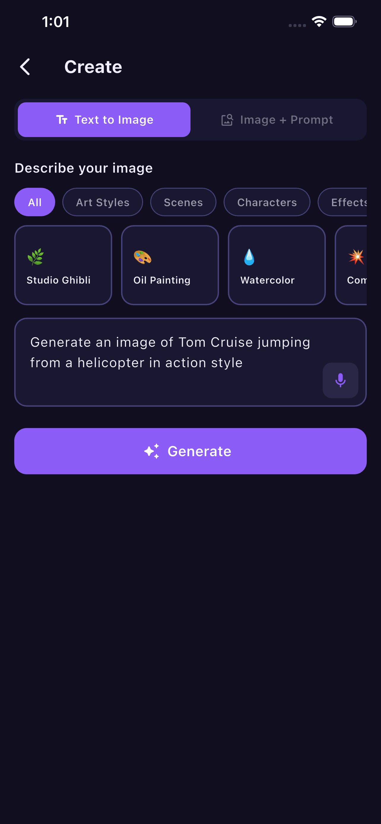 Typing a prompt in the app