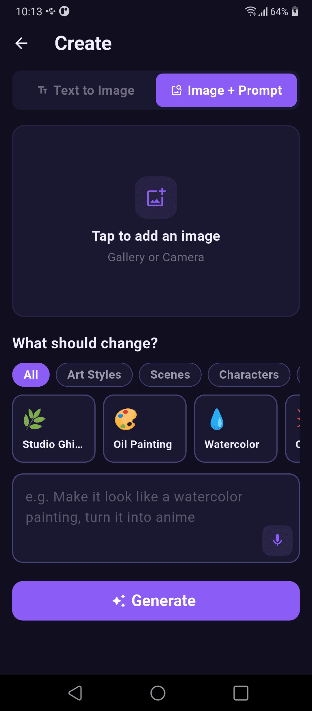 Rendara create screen with Image + Prompt