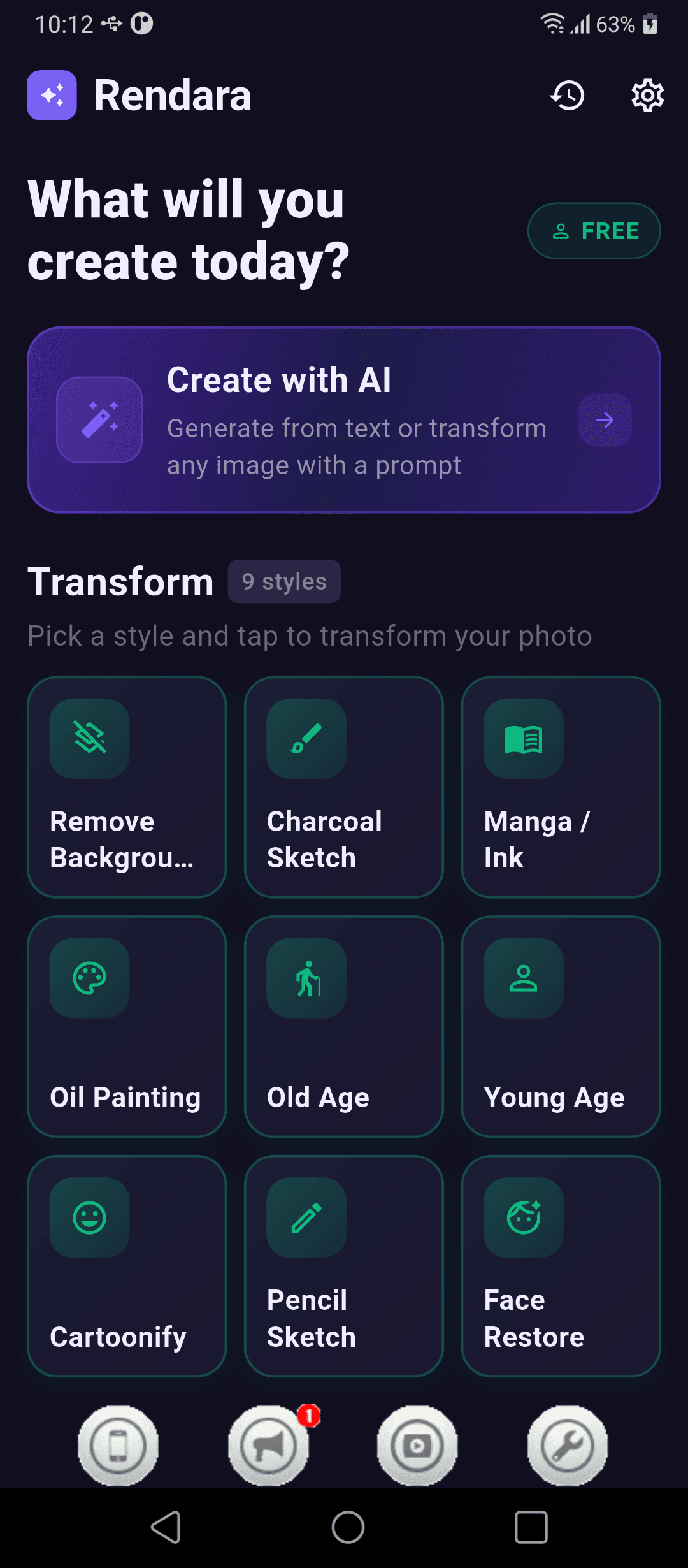 Rendara app home screen